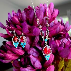 Turquoise and red rhinestone “Y” pendant necklace & earrings